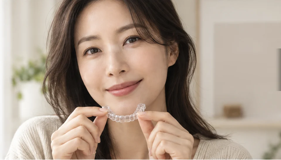 투명 교정 장치를 들고 미소 짓는 여성