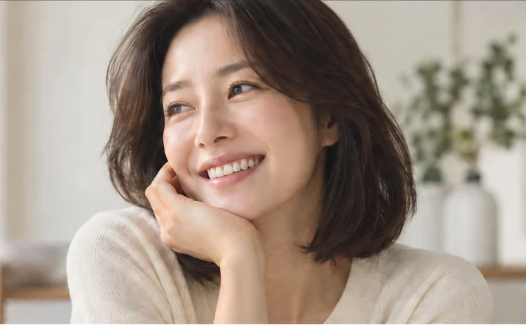 턱을 괴고 자연스럽게 웃는 여성